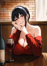 Rule 34 | 1girl, absurdres, bare shoulders, black hair, blurry, blurry background, bottle, breasts, cleavage, commentary, cup, dagger earrings, drinking glass, elbows on table, hair between eyes, hair bun, hairband, head tilt, highres, indoors, large breasts, looking at viewer, mymzi, off-shoulder sweater, off shoulder, parted lips, red eyes, red sweater, red wine, restaurant, short hair, smile, solo, spy x family, sweater, symbol-only commentary, table, twitter username, white hairband, wine, wine bottle, wine glass, yor briar