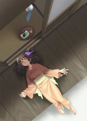 Rule 34 | 1girl, barefoot, brown hair, closed eyes, feet, from above, japanese clothes, kimono, lying, on back, original, piyodera mucha, porch, sleeping, solo, veranda, wind chime