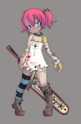 Rule 34 | 1girl, bandages, bandaid, belt, blood, blue eyes, bolt (hardware), boots, chainsaw, collar, colored skin, dress, female focus, flat chest, freckles, frown, green eyes, grey skin, heterochromia, highres, monster girl, original, pink hair, ponytail, pori (pixiv), pori (poritan81), red hair, scar, short hair, single thighhigh, solo, stitched, stitches, striped clothes, striped thighhighs, sword, tattoo, thighhighs, third-party edit, torn clothes, twintails, weapon, zipper, zombie