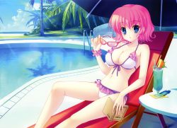Rule 34 | 1girl, :o, absurdres, bare shoulders, beach umbrella, bikini, blue eyes, blush, book, breasts, cameltoe, chair, cleavage, collarbone, covered erect nipples, day, drink, unworn eyewear, fingernails, frilled bikini, frills, front-tie top, game cg, highres, himezono risa, holding, holding book, holding removed eyewear, large breasts, long fingernails, looking at viewer, lounge chair, mitha, navel, open book, outdoors, pink hair, pool, poolside, reflection, skindentation, sunglasses, sunlight, swimsuit, table, tareme, umbrella, water, yuyukana