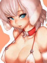 Rule 34 | 1girl, :p, animal ears, animal hands, bare shoulders, bikini, blue eyes, breasts, cleavage, collar, collarbone, covered erect nipples, dog ears, dog paws, elbow gloves, fumio (rsqkr), gloves, large breasts, looking at viewer, original, parted lips, short hair, silver hair, solo, swimsuit, tongue, tongue out, white bikini, white gloves