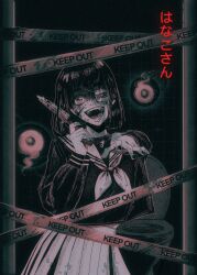 Rule 34 | 1girl, 7heartsart, black eyes, black nails, black shirt, blood, blood on face, bloody weapon, blunt bangs, bob cut, character name, commentary, english commentary, evil smile, eyepatch, ghost, hanako-san (toire no hanako-san), highres, hitodama, holding, holding knife, horror (theme), indoors, knife, long sleeves, looking at viewer, medical eyepatch, nail polish, neckerchief, open mouth, pleated skirt, restroom, school uniform, shirt, short hair, skirt, smile, solo, teeth, toilet, toilet stall, toire no hanako-san, weapon, white neckerchief, white skirt, yandere
