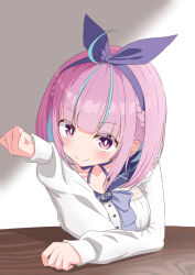 Rule 34 | absurdres, anchor symbol, bow, choker, colored inner hair, hairband, highres, hololive, jacket, looking at viewer, minato aqua, minato aqua (sailor), multicolored hair, panpupupu, pink eyes, sailor collar, school uniform, smile, table, virtual youtuber, white background, white jacket