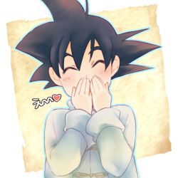 Rule 34 | 1boy, black eyes, black hair, blush, blush stickers, child, chinese clothes, closed eyes, dragon ball, dragonball z, hand to own mouth, happy, heart, long sleeves, male focus, rochiko (bgl6751010), shirt, short hair, simple background, son goten, spiked hair, translation request, white background, white shirt