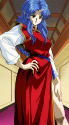 Rule 34 | 1990s (style), 1girl, bare legs, big hair, blue hair, breasts, chinese clothes, dress, hand up, highres, horns, lipstick, long hair, looking to the side, makeup, miyuki (yuu yuu hakusho), parted lips, pelvic curtain, pointy ears, red eyes, retro artstyle, sash, screencap, single horn, smile, solo, standing, thighs, third-party edit, yuu yuu hakusho