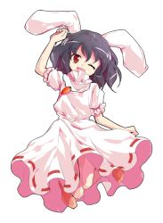 Rule 34 | 1girl, ;d, alphes (style), animal ears, black hair, carrot, carrot necklace, dairi, dress, eyebrows, frilled sleeves, frills, full body, hair between eyes, head tilt, inaba tewi, jewelry, necklace, one eye closed, open mouth, parody, pink dress, puffy short sleeves, puffy sleeves, rabbit ears, red eyes, ribbon-trimmed clothes, ribbon-trimmed dress, ribbon trim, short hair, short sleeves, smile, solo, style parody, touhou, transparent background