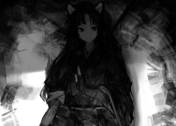 Rule 34 | 1girl, animal ears, arknights, arm at side, armor, beads, closed mouth, commentary, dark, dog ears, dog girl, elbow gloves, fingerless gloves, gloves, greyscale, highres, japanese clothes, kimono, komegu 619, light smile, long hair, long sleeves, looking at viewer, monochrome, saga (arknights), solo, upper body, wide sleeves