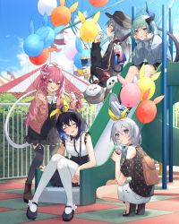 Rule 34 | 5girls, amusement park, artist request, backpack, bag, balloon, bare shoulders, black footwear, black hair, black headwear, black jacket, black legwear, black shirt, blue eyes, blue hair, blue jacket, blue sky, bob cut, boots, bow, bowtie, brown footwear, casual, closed eyes, closed mouth, cloud, cloudy sky, drinking straw, drinking straw in mouth, ferris wheel, food, fu hua, fu hua (herrscher of sentience), full body, headband, holding, holding balloon, holding food, honkai (series), honkai impact 3rd, horns, jacket, liliya olenyeva, long hair, long sleeves, looking at viewer, medium hair, milk tea, multiple girls, open mouth, outdoors, pink hair, playground, polka dot, popcorn, red eyes, rozaliya olenyeva, seele vollerei, shirt, shoe soles, short sleeves, shorts, siblings, side ponytail, single horn, sitting, sky, sleeveless, sleeveless shirt, slide, squatting, tail, theresa apocalypse, thighhighs, twins, white bow, white bowtie, white footwear, white hair, white legwear, white shirt, white shorts