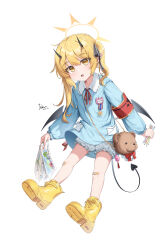 1girl absurdres alternate_costume armband black_horns black_tail black_wings blonde_hair bloomers blue_archive boots commentary_request demon_girl demon_horns demon_tail demon_wings di_le_to halo highres horns ibuki_(blue_archive) long_hair red_armband revision simple_background solo tail thighs underwear white_background white_bloomers wings yellow_eyes yellow_footwear