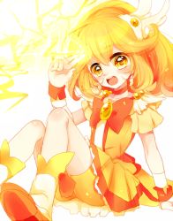 Rule 34 | 10s, 1girl, asprach, bike shorts, bike shorts under skirt, blonde hair, boots, bow, choker, cure peace, double v, dress, electricity, hair flaps, hair ornament, kise yayoi, long hair, magical girl, open mouth, orange bow, precure, ribbon, shorts, shorts under skirt, sitting, skirt, smile precure!, solo, v, white background, wide ponytail, yellow dress, yellow eyes, yellow shorts, yellow skirt, yellow theme
