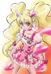 Rule 34 | 00s, 1girl, blonde hair, bow, choker, collarbone, corset, cowboy shot, cure peach, earrings, fresh precure!, frills, gradient background, hair ornament, heart, heart earrings, heart hair ornament, highres, jewelry, kagawa hisashi, long hair, miniskirt, momozono love, pink bow, pink eyes, pouch, precure, puffy short sleeves, puffy sleeves, ribbon, short sleeves, simple background, skirt, solo, twintails, very long hair, wrist cuffs, wrist ribbon