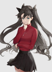 Rule 34 | 1girl, aqua eyes, black hair, black skirt, breasts, closed mouth, cotta (heleif), cowboy shot, fate/stay night, fate (series), floating hair, head rest, highres, long hair, long sleeves, medium breasts, pleated skirt, print sweater, red sweater, shirt tucked in, skirt, solo, sweater, tohsaka rin, two side up, very long hair