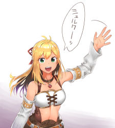 Rule 34 | 1girl, :d, bare shoulders, blonde hair, breasts, choker, detached sleeves, fiora (xenoblade), from above, hair ornament, highres, long hair, looking at viewer, medium breasts, natto soup, open mouth, smile, tan, translation request, upper body, waving, white background, xenoblade chronicles (series), xenoblade chronicles 1