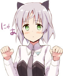 Rule 34 | 1girl, :o, animal ears, blush, cat ears, glastonbury1966, green eyes, long sleeves, military, military uniform, necktie, open mouth, paw pose, sanya v. litvyak, short hair, silver hair, simple background, solo, strike witches, uniform, upper body, white background, world witches series