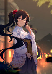 Rule 34 | 1girl, black hair, blush, cha (pixiv12794171), closed mouth, flower, hair flower, hair ornament, highres, japanese clothes, kimono, long hair, long sleeves, looking at viewer, original, ponytail, side ponytail, smile, solo, standing, very long hair, yellow eyes