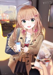 Rule 34 | 2girls, :d, antenna hair, beige coat, black legwear, black skirt, blunt bangs, blurry, blurry foreground, blush, bow, cellphone, coat, collarbone, fingernails, green eyes, hair bow, hair ornament, hairclip, highres, holding, holding phone, light brown hair, long hair, long sleeves, looking at viewer, multiple girls, open mouth, original, pantyhose, phone, picture frame, pink bow, pleated skirt, pointing, red bow, sailor collar, school uniform, signature, siokazunoko, skirt, smartphone, smile, sunset, teeth, train, train interior, train station, uniform, upper teeth only, vest