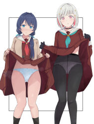 Rule 34 | 2girls, absurdres, aqua neckerchief, black border, black choker, black gloves, black pantyhose, black socks, blue eyes, blue hair, blue panties, blush, border, brown cardigan, brown dress, cardigan, choker, closed mouth, clothes lift, collarbone, colored inner hair, commentary, commission, dollchestra, dress, dress lift, feet out of frame, gloves, grey hair, grey panties, groin, hair ornament, hasu no sora school uniform, highres, lifted by self, link! like! love live!, long hair, long sleeves, looking at viewer, love live!, mole, mole on neck, multicolored hair, multiple girls, murano sayaka, neckerchief, open cardigan, open clothes, panties, panties under pantyhose, pantyhose, parted lips, pink eyes, red hair, red neckerchief, sailor collar, school uniform, short hair, simple background, skeb commission, socks, standing, star (symbol), star hair ornament, streaked hair, twintails, underwear, upper body, virtual youtuber, wewe, white background, white sailor collar, winter uniform, yugiri tsuzuri