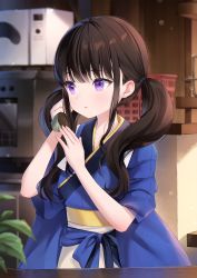Rule 34 | 1girl, blue kimono, blurry, blurry background, blurry foreground, breasts, brown hair, commentary, depth of field, hands up, highres, holding, holding phone, indoors, inoue takina, japanese clothes, kimono, long hair, looking afar, lycoris recoil, nami (nyaa), obi, parted lips, phone, purple eyes, sash, short sleeves, sidelocks, small breasts, solo, swept bangs, symbol-only commentary, twintails