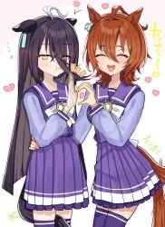 2girls :t agnes_tachyon_(umamusume) ahoge animal_ears between_legs blush bow bowtie broken_heart brown_hair chemical_structure closed_eyes closed_mouth ear_tag earrings ears_down embarrassed hair_between_eyes hand_on_another&#039;s_waist hand_up heart heart_hands_failure highres horse_ears horse_girl horse_tail huge_ahoge jewelry long_bangs long_hair long_hair_between_eyes long_sleeves manhattan_cafe_(umamusume) multicolored_hair multiple_girls nochatea open_mouth pout purple_sailor_collar purple_shirt purple_skirt purple_thighhighs red_eyes sailor_collar school_uniform shirt shirt_tucked_in short_hair simple_background single_earring skindentation skirt smile tail tail_between_legs tail_wagging teeth thighhighs tracen_school_uniform translation_request umamusume upper_teeth_only very_long_hair white_background white_bow white_bowtie white_hair yellow_eyes yuri