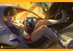 Rule 34 | 1girl, arm rest, aurahack, bare shoulders, black hair, boots, breasts, brown eyes, car, car interior, confetti, covered navel, dutch angle, earrings, elbow gloves, gloves, high heel boots, high heels, jewelry, letterboxed, medium breasts, miniskirt, motion blur, motor vehicle, nagase reiko, namco, red skirt, ridge racer, right-hand drive, short hair, signature, sitting, skirt, smile, solo, watermark, web address, white footwear, white gloves