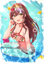 Rule 34 | 1girl, :d, bare arms, bare shoulders, bikini, blurry, breasts, brown eyes, brown hair, bubble, caustics, choker, cleavage, commentary request, depth of field, eyewear on head, floral print, flower, hand up, heart, heart-shaped eyewear, hibiscus, highres, idolmaster, idolmaster shiny colors, jewelry, light rays, long hair, looking at viewer, medium breasts, necklace, okutomi fumi, osaki amana, open mouth, print bikini, purple flower, sidelocks, sitting, smile, solo, sunbeam, sunglasses, sunlight, swimsuit, water, yellow flower