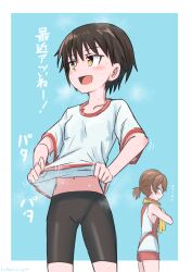 Rule 34 | ..., 2girls, :d, adjusting clothes, artist name, bare shoulders, bike shorts, black hair, black shorts, blue background, blush, breasts, brown eyes, brown hair, closed mouth, clothes lift, coffeenougat 1985, collarbone, commentary, cowboy shot, fanning self, girls und panzer, gym shirt, gym uniform, highres, holding, holding towel, isobe noriko, jersey, kawanishi shinobu, lifting own clothes, looking ahead, looking at another, looking back, midriff, midriff peek, motion lines, multiple girls, navel, open mouth, outside border, red shorts, shirt, shirt lift, short hair, short ponytail, short shorts, short sleeves, shorts, signature, simple background, sleeveless, sleeveless shirt, small breasts, smile, sportswear, standing, steam, steaming body, sweat, nervous sweating, t-shirt, towel, towel around neck, translated, volleyball uniform, white shirt