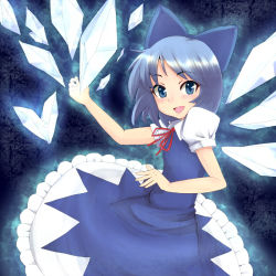 Rule 34 | 1girl, blue eyes, blue hair, bow, cirno, daimosu, dress, female focus, gradient background, hair bow, ice, matching hair/eyes, short hair, smile, solo, touhou, wings