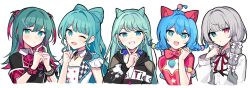 Rule 34 | + +, 25-ji nightcord de. (project sekai), 5girls, ;d, animal ears, aqua hair, aqua nails, black jacket, black outline, blue hair, blunt bangs, bow, bowtie, bracelet, braid, buttons, cat ears, checkered clothes, checkered vest, chest harness, closed mouth, clothes writing, clothing cutout, collared shirt, colored tips, cropped torso, detached collar, dot nose, drawstring, earrings, epaulettes, expressionless, fang, finger to cheek, fingernails, gradient hair, green hair, grey hair, grin, hair between eyes, hair horns, hair ornament, hair ribbon, hair scrunchie, half updo, hands up, harness, hatsune miku, heterochromia, highres, hood, hood down, hoop earrings, index finger raised, index fingers together, jacket, jewelry, leo/need (project sekai), leo/need miku, light blush, lineup, long hair, long sleeves, looking at viewer, low twin braids, medium hair, more more jump! (project sekai), more more jump! miku, multicolored hair, multiple girls, multiple persona, neck ribbon, one eye closed, open mouth, outline, own hands together, paperclip hair ornament, parted lips, partially unzipped, pink hair, pink ribbon, pink scrunchie, plaid, pom pom (clothes), pom pom hair ornament, project sekai, red bow, red bowtie, red ribbon, ribbon, scrunchie, shirt, short sleeves, shy, sidelocks, silver trim, simple background, single wrist cuff, smile, splatter print, star cutout, streaked hair, studded bracelet, twin braids, two-tone hair, two side up, upper body, very long hair, vest, vivid bad squad (project sekai), vivid bad squad miku, vocaloid, waka (wk4444), wavy hair, white background, white ribbon, wing collar, wonderlands x showtime (project sekai), wonderlands x showtime miku, wrist cuffs, zipper