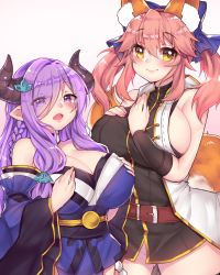 Rule 34 | 10s, 2girls, :d, animal ear fluff, animal ears, bare shoulders, belt, blue ribbon, blush, bracer, braid, breasts, cleavage, cosplay, costume switch, cowboy shot, detached sleeves, draph, eyes visible through hair, fate/extra, fate/grand order, fate (series), fox ears, fox tail, gluteal fold, granblue fantasy, hair between eyes, hair ornament, hair over one eye, hair ribbon, horns, large breasts, long sleeves, looking at viewer, multiple girls, narmaya (granblue fantasy), narumeia (granblue fantasy), narumeia (granblue fantasy) (cosplay), no panties, obi, open mouth, osiimi, pink hair, pointy ears, purple eyes, purple hair, ribbon, sash, sideboob, sidelocks, sleeveless, smile, tail, tamamo (fate), tamamo cat (fate), tamamo no mae (fate/extra), tamamo no mae (fate/extra) (cosplay), twintails, wide sleeves, yellow eyes