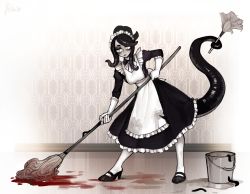 Rule 34 | 1girl, absurdres, alternate costume, apron, black dress, black footwear, black hair, blood, bucket, closed mouth, commentary, contrapposto, dress, english commentary, enmaided, gloves, grey hair, highres, holding, holding mop, holding with tail, leech, leech queen (matilda fiship), long sleeves, maid, maid headdress, matilda fiship, monster girl, mop, original, pantyhose, prehensile tail, shoes, solo, tail, tentacle hair, white apron, white eyes, white gloves, white pantyhose
