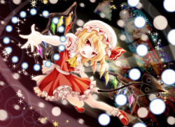 Rule 34 | 1girl, ascot, black background, blonde hair, blouse, bobby socks, danmaku, female focus, flandre scarlet, flying, foreshortening, hat, hat ribbon, komiru, laevatein, leg up, looking at viewer, mary janes, open hand, open mouth, outstretched arm, red eyes, ribbon, shirt, shoes, short hair, short sleeves, side ponytail, skirt, socks, solo, sparkle, stained glass, touhou, vest, white socks, wings