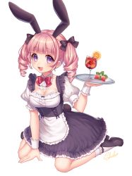 Rule 34 | 1girl, :3, :d, animal ears, apron, artist name, blueberry, bow, bowtie, breasts, cleavage, cocktail, cocktail glass, cup, detached collar, dress, drill hair, drinking glass, eyebrows, fake animal ears, food, frilled dress, frilled sleeves, frills, fruit, full body, hair bow, highres, holding, holding tray, leaf, long hair, maid, medium breasts, open mouth, orange (fruit), orange slice, original, pink hair, puffy short sleeves, puffy sleeves, purple eyes, rabbit ears, rabbit tail, sakura shiho (shihoncake), shoes, short sleeves, simple background, sitting, smile, socks, solo, strawberry, tail, tray, twin drills, twintails, underbust, wariza, white background, white socks, wrist cuffs