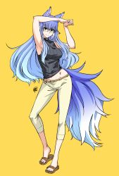 Rule 34 | &gt;:), 1girl, animal ears, armpits, arms up, bare shoulders, belt, blue hair, breasts, capri pants, clothes lift, fox ears, fox girl, fox tail, full body, glasses, gradient hair, highres, iwatobi hiro, large breasts, long hair, looking at viewer, multicolored hair, navel, original, pants, rimless eyewear, sandals, sideboob, sidelocks, sleeveless, smile, solo, sweater, sweater lift, sweater vest, tail, turtleneck, two-tone hair, v-shaped eyebrows, white hair, yellow background, yellow eyes