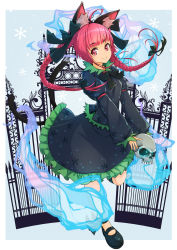Rule 34 | 1girl, animal ears, black skirt, bow, braid, cat ears, cat tail, frilled skirt, frills, full body, gate, green bow, hair bow, highres, kaenbyou rin, long hair, long sleeves, looking at viewer, maru-pen, puffy long sleeves, puffy sleeves, red eyes, red hair, skirt, skull, smile, solo, standing, standing on one leg, tail, touhou, twin braids