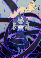 Rule 34 | 1girl, :3, acerola (pokemon), antenna hair, armlet, aura, blush, blush stickers, child, claw pose, closed mouth, collarbone, creatures (company), dress, female focus, flat chest, game freak, gen 7 pokemon, grey background, hair ornament, half-closed eyes, hands up, happy, highres, looking at viewer, mashiro ka, matching hair/eyes, mimikyu, nintendo, pokemon, pokemon (creature), pokemon sm, purple dress, purple eyes, purple hair, purple outline, short hair, short sleeves, sidelocks, simple background, smile, solid oval eyes, solo focus, standing, straight-on