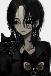 Rule 34 | 1girl, black cat, black coat, black hair, cat, coat, earrings, highres, jewelry, looking at viewer, medium hair, mole, mole under eye, mole under mouth, narue, open mouth, original, pale skin, parted lips, sharp teeth, simple background, solo, teeth, upper body, white background