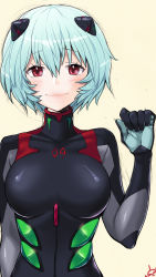 Rule 34 | 1girl, absurdres, aqua hair, ayanami rei, beige background, black bodysuit, blue hair, blush, bodysuit, breasts, breasts apart, clenched hand, closed mouth, covered collarbone, evangelion: 3.0 you can (not) redo, gloves, graphite (medium), hair between eyes, hand up, headgear, highres, hirune (rekipon), interface headset, light smile, lips, looking at viewer, mechanical pencil, medium breasts, neon genesis evangelion, pencil, pilot suit, plugsuit, rebuild of evangelion, red eyes, short hair, simple background, skin tight, smile, solo, tan background, traditional media, turtleneck, upper body