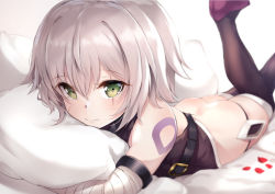 Rule 34 | 1girl, ass, bandaged arm, bandages, bare shoulders, bed sheet, black footwear, black panties, black shirt, black thighhighs, blurry, blurry background, boots, closed mouth, commentary, depth of field, facial scar, fate/apocrypha, fate/grand order, fate (series), green eyes, grey hair, hair between eyes, jack the ripper (fate/apocrypha), legs up, looking at viewer, lowleg, lowleg panties, lying, nakatokung, hugging object, on stomach, panties, petals, pillow, pillow hug, revision, scar, scar across eye, scar on cheek, scar on face, shirt, shoulder tattoo, sleeveless, sleeveless shirt, smile, solo, tattoo, thigh boots, thighhighs, underwear