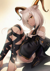 Rule 34 | 1girl, absurdres, animal ears, arknights, bare shoulders, barefoot, beeswax (arknights), black jacket, black ribbon, commentary request, dress, feet out of frame, head tilt, highres, horns, infection monitor (arknights), jacket, knees up, leg ribbon, lodbyy, long hair, long sleeves, looking at viewer, off-shoulder dress, off shoulder, parted lips, partial commentary, ribbon, short dress, silver hair, sitting, solo, white dress, yellow eyes