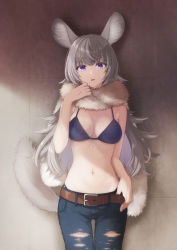 Rule 34 | 1girl, against wall, animal ears, bare arms, bare shoulders, belt, belt buckle, bikini, bikini top only, breasts, buckle, cleavage, commentary request, commission, cowboy shot, denim, fur collar, highres, jeans, koto (colorcube), long hair, looking at viewer, medium breasts, navel, original, pants, parted lips, purple bikini, purple eyes, silver hair, solo, stomach, swimsuit, tail, thigh gap, torn clothes, torn jeans, torn pants, very long hair, wall