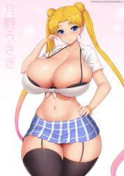 Rule 34 | 1girl, bishoujo senshi sailor moon, blonde hair, blue eyes, bra, breasts, cleavage, collarbone, curvy, double bun, earrings, female focus, hair bun, hair ornament, hand on own hip, highres, huge breasts, jewelry, kainkout, large breasts, long hair, miniskirt, multicolored hair, parted bangs, revealing clothes, sailor moon, skirt, solo, thick thighs, thighhighs, thighs, tsukino usagi, twintails, underwear, very long hair, wide hips