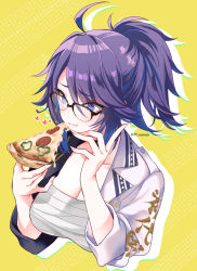 Rule 34 | 1girl, black hair, black jacket, blue hair, blush, breasts, cleavage, collarbone, eating, food, from above, glasses, heart, holding, holding food, indie virtual youtuber, jacket, kson, large breasts, looking down, mole, mole under eye, multicolored clothes, multicolored hair, multicolored jacket, n gyou, pizza, ponytail, portrait, sarashi, solo, souchou, streaked hair, twitter username, two-tone jacket, virtual youtuber, white jacket, yellow background