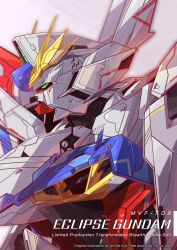 Rule 34 | absurdres, artist name, azzalea, character name, commentary, eclipse gundam, english commentary, english text, from side, green eyes, grey background, gundam, gundam seed, gundam seed eclipse, highres, looking ahead, mecha, mobile suit, no humans, robot, science fiction, solo, upper body, v-fin