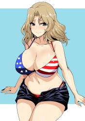 Rule 34 | 10s, 1girl, american flag bikini, american flag print, arms at sides, bare arms, bare shoulders, bikini, bikini under clothes, black shorts, blonde hair, blue eyes, blush, breasts, cleavage, closed mouth, collarbone, flag print, girls und panzer, hifumi hajime, highres, invisible chair, kay (girls und panzer), large breasts, long hair, looking at viewer, navel, parted bangs, print bikini, raised eyebrows, short shorts, shorts, sitting, skindentation, smile, solo, stomach, sweat, swimsuit, two-tone background, wet
