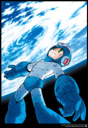 Rule 34 | 1boy, ariga hitoshi, battle damage, blue bodysuit, blue helmet, bodysuit, commentary, damaged, earth (planet), foot out of frame, green eyes, helmet, highres, looking up, male focus, mega man (character), mega man (classic), mega man (series), mega man megamix, official art, planet, solo, space, translation request