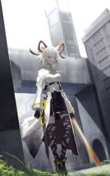 Rule 34 | 1girl, animal ears, ankle boots, arknights, bandaged leg, bandages, black footwear, black gloves, black skirt, boots, breasts, building, carnelian (arknights), cleavage, closed mouth, coat, dark-skinned female, dark skin, day, full body, gloves, goat ears, goat girl, goat horns, high-waist skirt, highres, holding, holding sword, holding weapon, horns, long sleeves, looking at viewer, medium breasts, okayannosuke, open clothes, open coat, outdoors, red eyes, shirt, short hair, silver hair, skirt, sky, solo, standing, sunlight, sword, thighlet, underbust, v-shaped eyebrows, weapon, white coat, white shirt