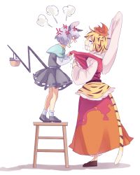 Rule 34 | 2girls, anger vein, angry, animal ears, animal print, bare legs, basket, black footwear, blank eyes, blonde hair, brown hair, capelet, closed eyes, collar grab, commentary request, crying, face-to-face, from side, full body, grey hair, grey skirt, grey vest, guuchama, hands up, height difference, layered clothes, long skirt, long sleeves, looking at another, mouse (animal), mouse ears, mouse tail, multicolored hair, multiple girls, nazrin, open mouth, own hands together, parted lips, scared, shawl, shirt, shoes, short hair, simple background, skirt, skirt set, smoke, socks, standing, stool, streaked hair, streaming tears, tail, tears, tiger print, tiger tail, toramaru shou, touhou, trembling, two-tone hair, v-shaped eyebrows, vest, white background, white legwear, white shirt, wide sleeves