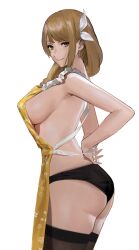 Rule 34 | 1girl, absurdres, apron, ass, ass focus, backless outfit, black panties, black thighhighs, braid, breasts, brown eyes, brown hair, earrings, female focus, fire emblem, fire emblem engage, floral print, goldmary (fire emblem), hair ribbon, highres, j@ck, jewelry, large breasts, long hair, looking at viewer, matching hair/eyes, nearly naked apron, nintendo, panties, ribbon, sideboob, smile, solo, thighhighs, thighs, tying apron, underwear, upper body, wedgie, white ribbon