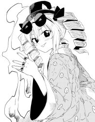 Rule 34 | 1girl, :p, anarogumaaa, aura, bad id, bad twitter id, bow, coat, commentary, drill hair, dutch angle, eyewear on head, fingernails, from side, greyscale, hand up, hat, hat bow, jewelry, long sleeves, looking at viewer, looking to the side, monochrome, ring, round eyewear, simple background, solo, sunglasses, tongue, tongue out, top hat, touhou, twin drills, upper body, yorigami jo&#039;on