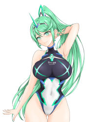 Rule 34 | 1girl, absurdres, armpits, breasts, chest jewel, competition swimsuit, covered erect nipples, covered navel, feichu keju, gem, greek text, green eyes, green hair, highres, impossible clothes, impossible swimsuit, large breasts, long hair, one-piece swimsuit, pneuma (xenoblade), ponytail, simple background, solo, swept bangs, swimsuit, tiara, very long hair, white background, xenoblade chronicles (series), xenoblade chronicles 2